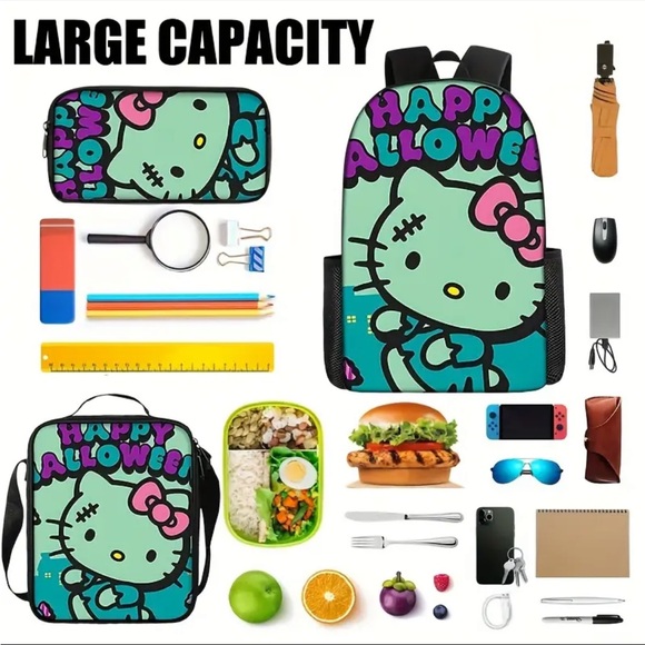 🆕 Hello Kitty Halloween Themed Backpack Set, Oxford Cloth - 3 Piece Travel Bag - Picture 4 of 9